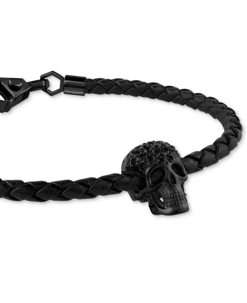 Men's Elite Skull Black Leather Bracelet in Black Ion-Plated Stainless Steel