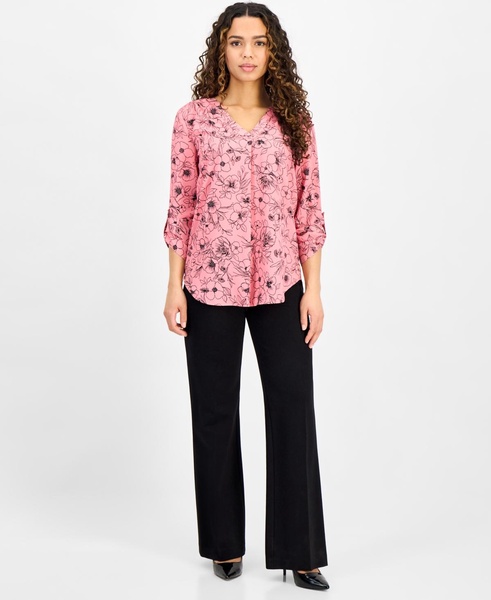 Petite Printed V-Neck Roll-Tab-Sleeve Top