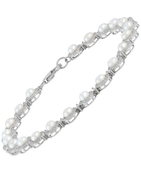 Cultured Freshwater Button Pearl (4 - 4-1/2mm) & Cubic Zirconia Link Bracelet in Sterling Silver