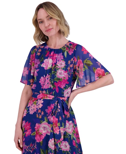 Women's Floral-Print Belted Flutter-Sleeve Dress