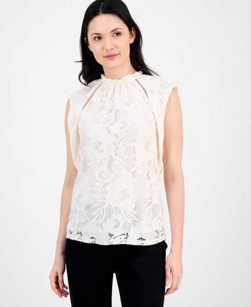 Petite Ruffled-Neck Cap-Sleeve Lace Blouse