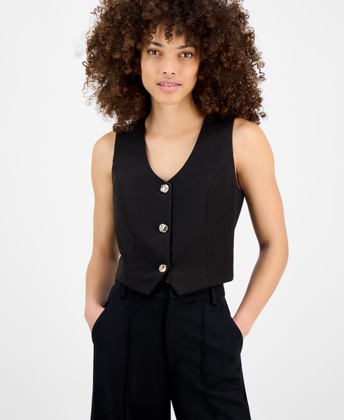 Petite V-Neck Button-Front Cropped Vest, Exclusively at Macy's