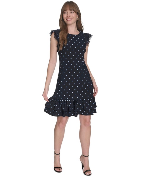 Women's Dot-Print Flutter-Sleeve Ruffled-Hem Chiffon Dress