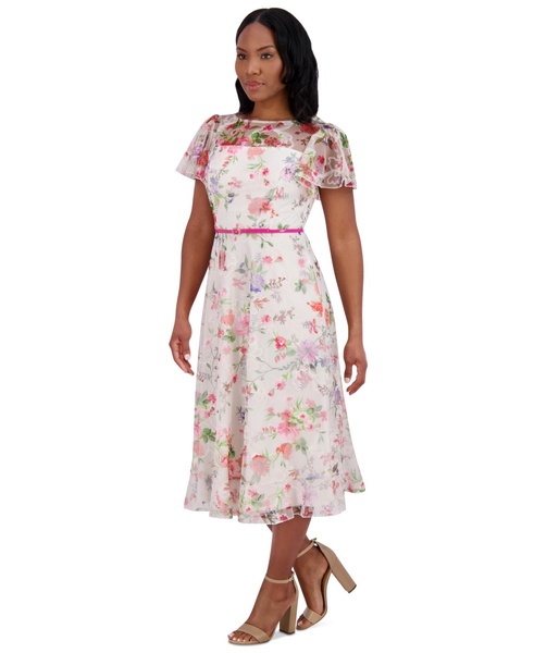 Women's Floral Flutter-Sleeve Belted Midi Dress