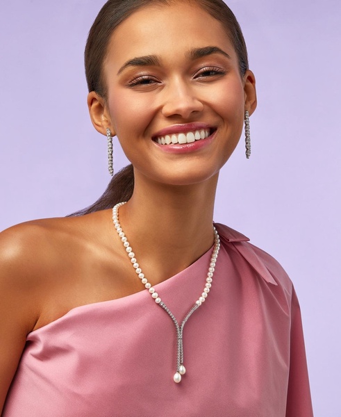 Cultured Freshwater Pearl (5mm & 10 x 8mm) & Cubic Zirconia Lariat Necklace in Sterling Silver, Created for Macy's