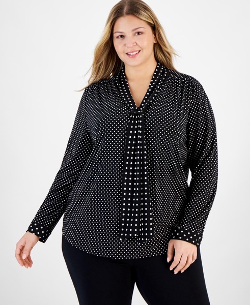 Plus Size Dot-Print Scarf-Neck Long-Sleeve Top
