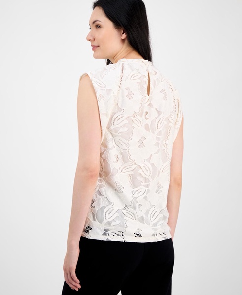 Petite Ruffled-Neck Cap-Sleeve Lace Blouse