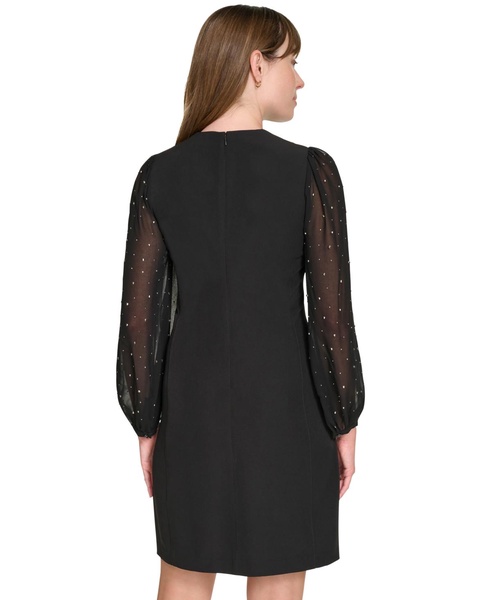 Tommy Hilfiger Women's Bedazzled Chiffon Sleeves Salon Stretch Knee Length Shift Dress