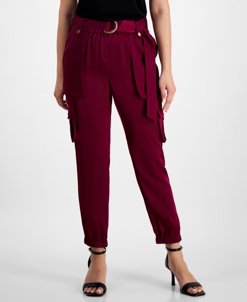 Women's Petite High-Rise Belted Satin Cargo Pants, Created for Macy's 