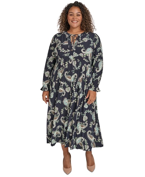Plus Size Tie-Neck Pleated Skirt Midi Dress