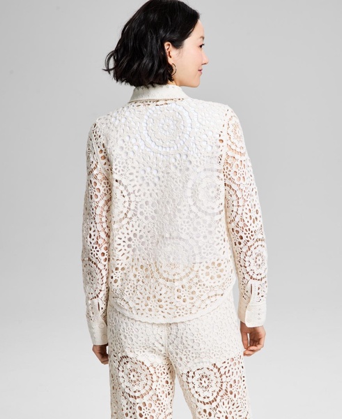 Petite Button-Front Long-Sleeve Crochet Shirt, Exclusively at Macy's 