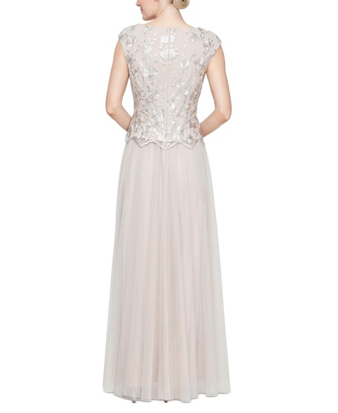 Women's Embroidered Cap-Sleeve Tulle Gown