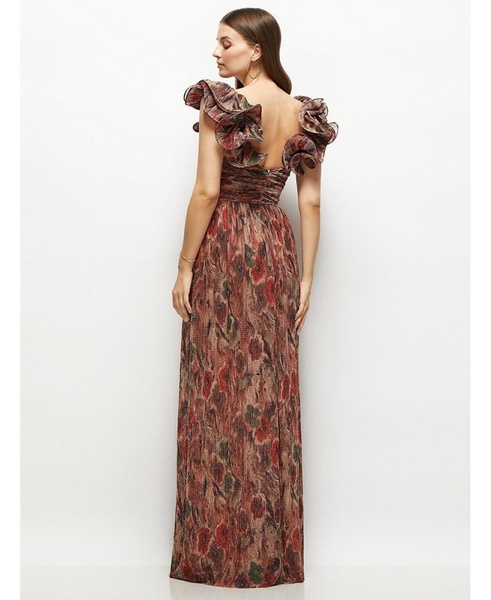 Women's Dramatic Ruffle Edge Strap Fall Foral Pleated Metallic Maxi Dress