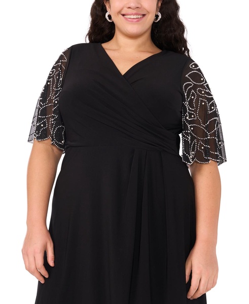 Plus Size Sheer-Sleeve Fit & Flare Dress