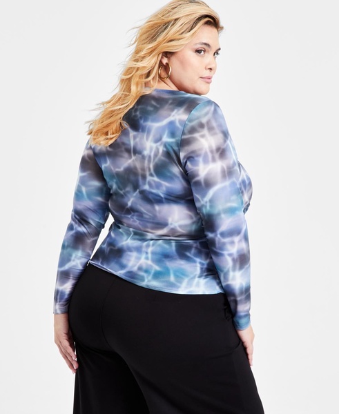 Trendy Plus Printed-Mesh Long-Sleeve Ruched Top, Exclusively at Macy's