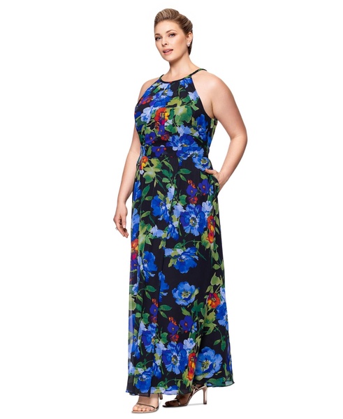 Plus Size Floral-Print Halter Gown