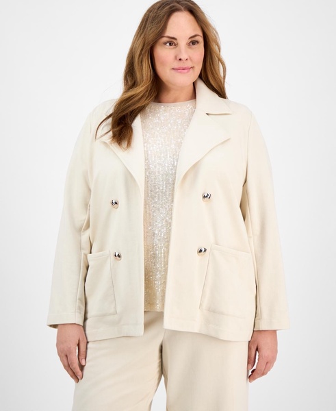 Plus Size French Terry Faux Double-Breasted Jacket