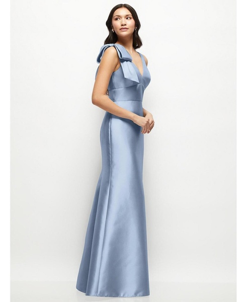 Women's Deep V-back Satin Trumpet Dress with Cascading Bow at One Shoulder