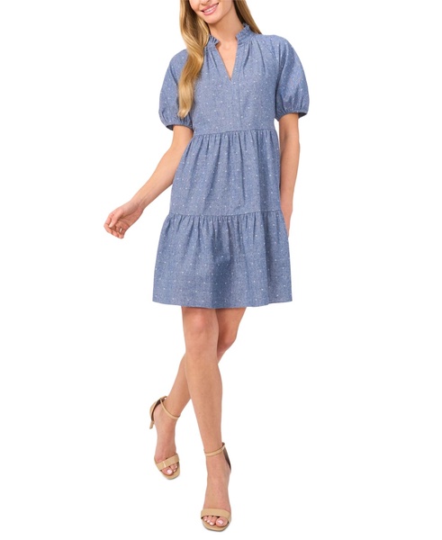Women's Cotton V-Neck Puff-Sleeve Tiered Dress