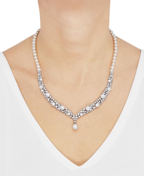 Cultured Freshwater Button & Potato Pearl (5-11mm) & Cubic Zirconia Fancy Collar Necklace in Sterling Silver, 16" + 2" extender