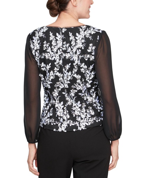 Petite Sheer-3/4-Sleeve Embroidered Stretch Tulle Top