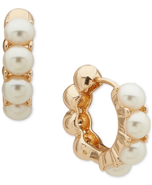 Gold-Tone Imitation Pearl & Polished Bead Small Huggie Hoop Earrings, 0.45"