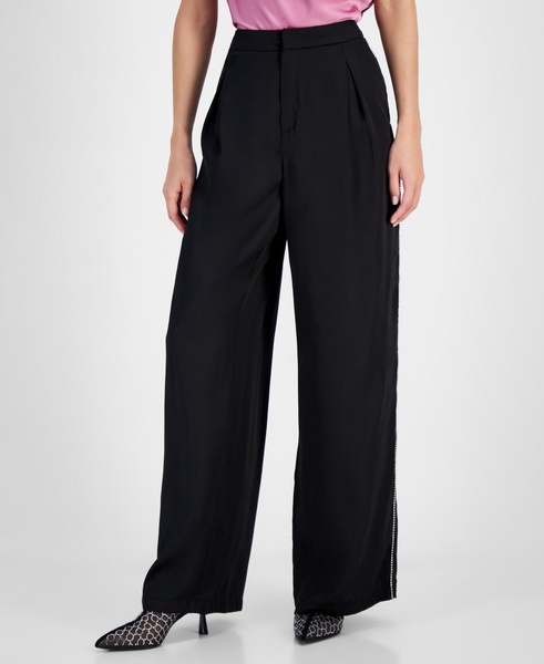 Women's High-Rise Rhinestone-Trim Wide-Leg Pants, Created for Macy's