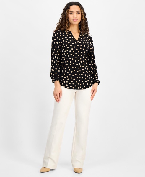 Petite Printed Split-Neck Long-Sleeve Top