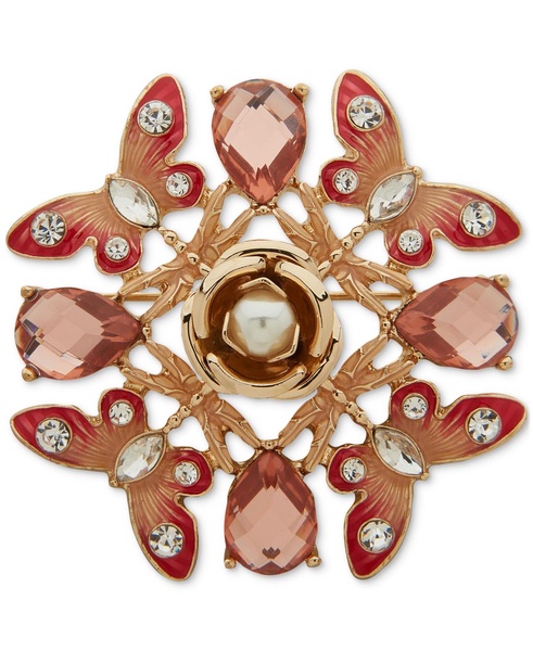 Gold-Tone Crystal & Imitation Pearl Butterfly Flower Pin 