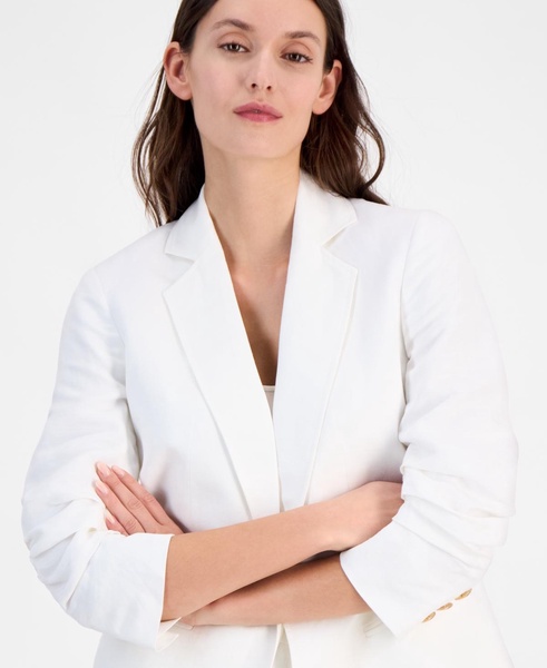 Women's Refined Linen Notch-Collar 3/4-Sleeve Open Jacket