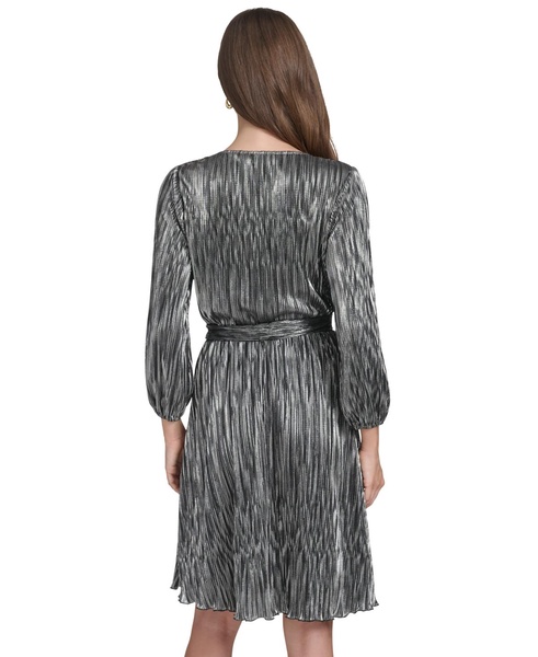 Women's Metallic-Stripe Tie-Waist V-Neck Dress