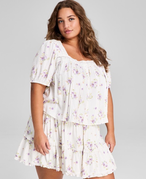 Plus Size Floral-Print Lace-Trim Blouse
