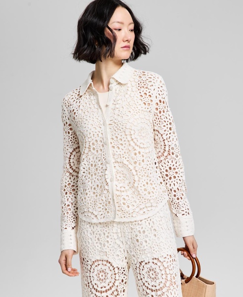 Petite Button-Front Long-Sleeve Crochet Shirt, Exclusively at Macy's 