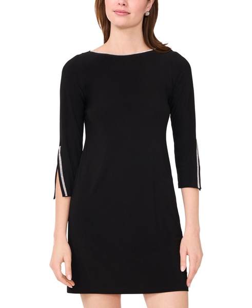 Petite Round-Neck Embellished-Sleeve Shift Dress