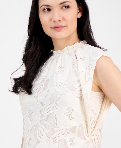 Petite Ruffled-Neck Cap-Sleeve Lace Blouse