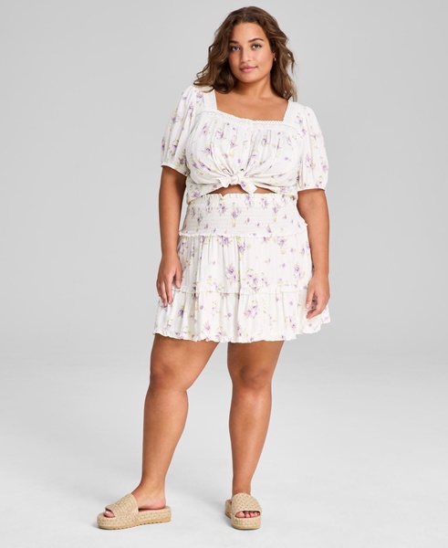 Plus Size Smocked-Waist Floral-Print Mini Skirt, Exclusively at Macy's