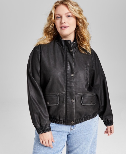 Trendy Plus Size Faux-Leather Bomber Jacket, Created for Macy's