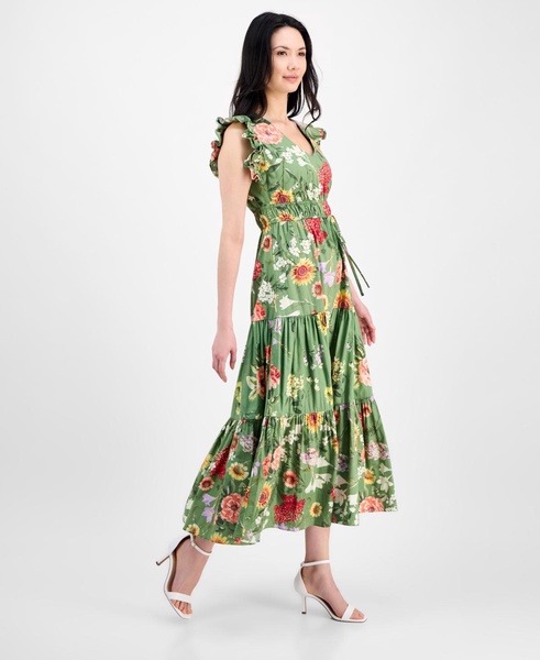 Women's Printed V-Neck Drawstring Maxi Dress