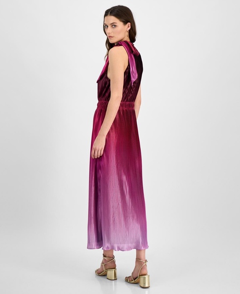 Women's Pleated Bow-Neck Midi Dress
