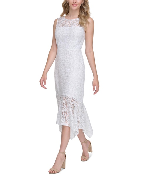 Women's Floral Lace Handkerchief-Hem Midi Dress