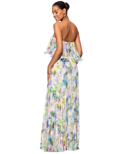Women's Printed Pleated Strapless Gown