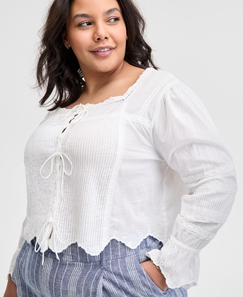 Plus Size Cotton Pleated Scallop-Hem Blouse, Exclusively at Macy's