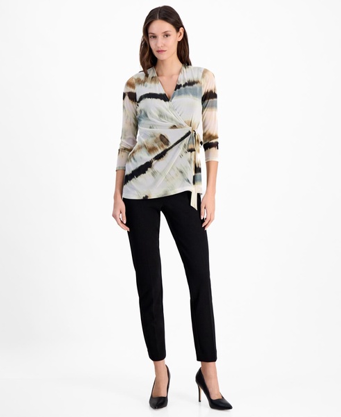 Women's Printed-Mesh 3/4-Sleeve Wrap Top
