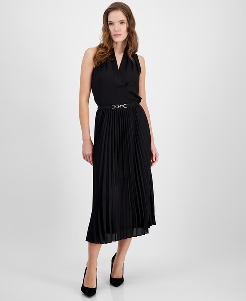 Women's Pleated Pull-On Belted Midi Skirt