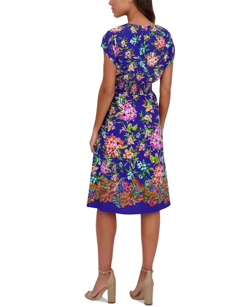 Women's Printed V-Neck Smocked-Back A-Line Dress