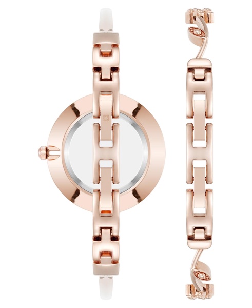 Women's Quartz Charming Floral Rose Gold-Tone Metal Alloy Watch Set, 32mm