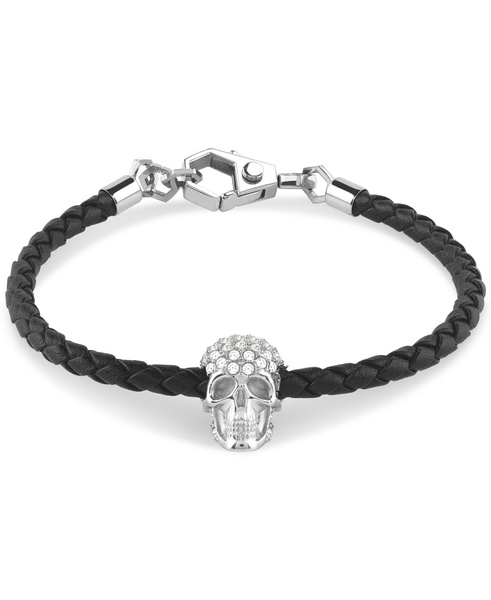 Men's Enigma Crystal Skull Black Leather Bracelet in Stainless Steel