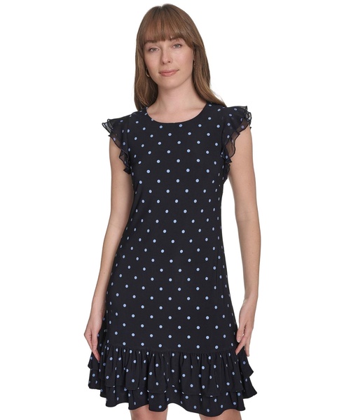 Women's Dot-Print Flutter-Sleeve Ruffled-Hem Chiffon Dress