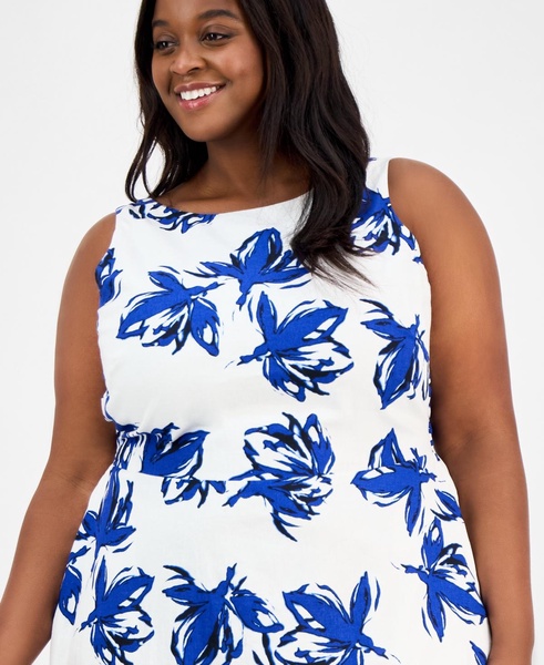 Plus Size Floral-Print Linen-Blend Fit & Flare Dress
