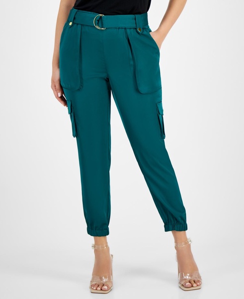 Women's High-Rise Belted Satin Cargo Pants, Regular & Petite, Created for Macy's 